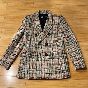 Women Zara Medium Tweed Jacket W/ Paddedd Shoulder Double Breasted Holiday